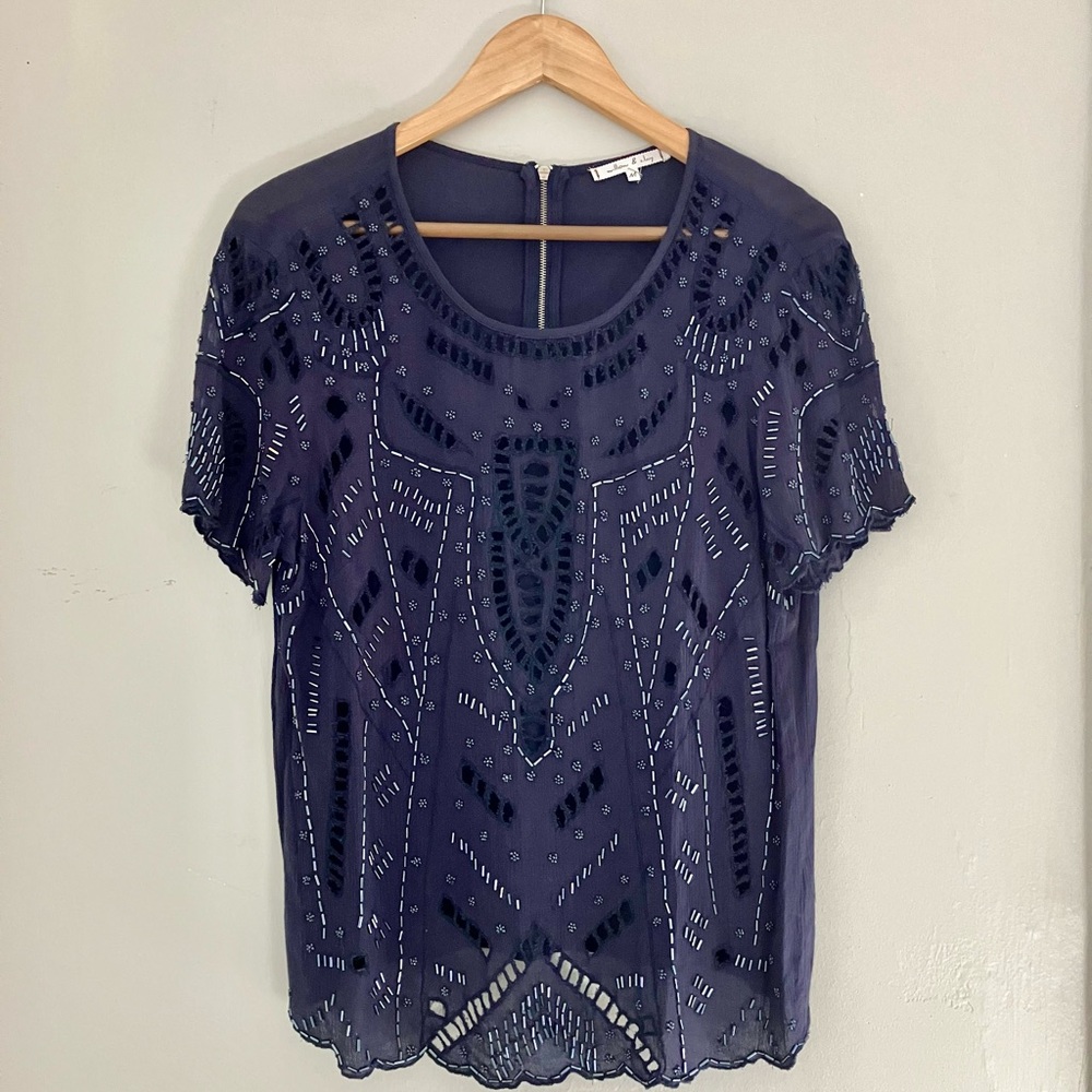 Anthropologie Willow & Clay Navy Beaded Art Deco Scalloped Sleeve Dress Medium